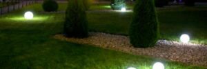 The exterior of a business features plenty of landscape lighting