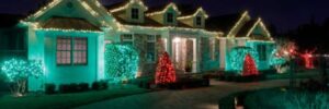 A home decorated with Christmas lighting in the winter